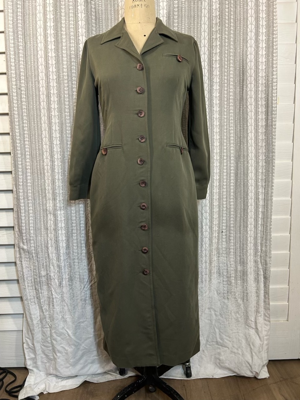 Vintage Olive Green Long Button-Front Dress